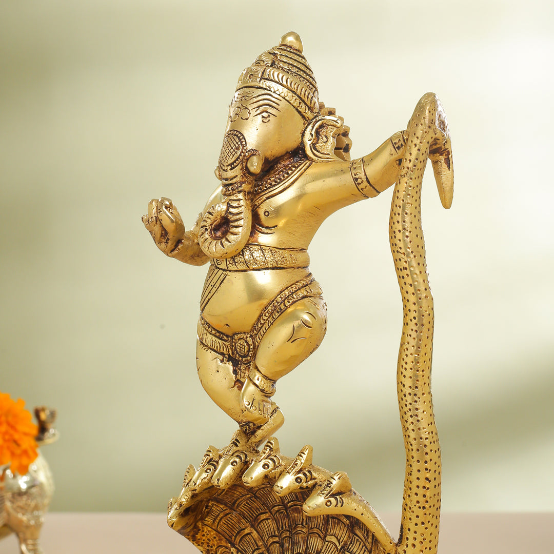 Brass Lord Dancing Ganesha On Snake (12 Inch)