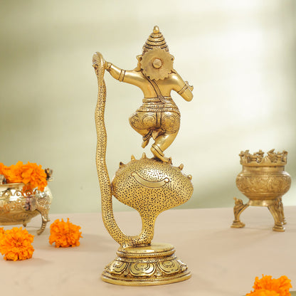 Brass Lord Dancing Ganesha On Snake (12 Inch)