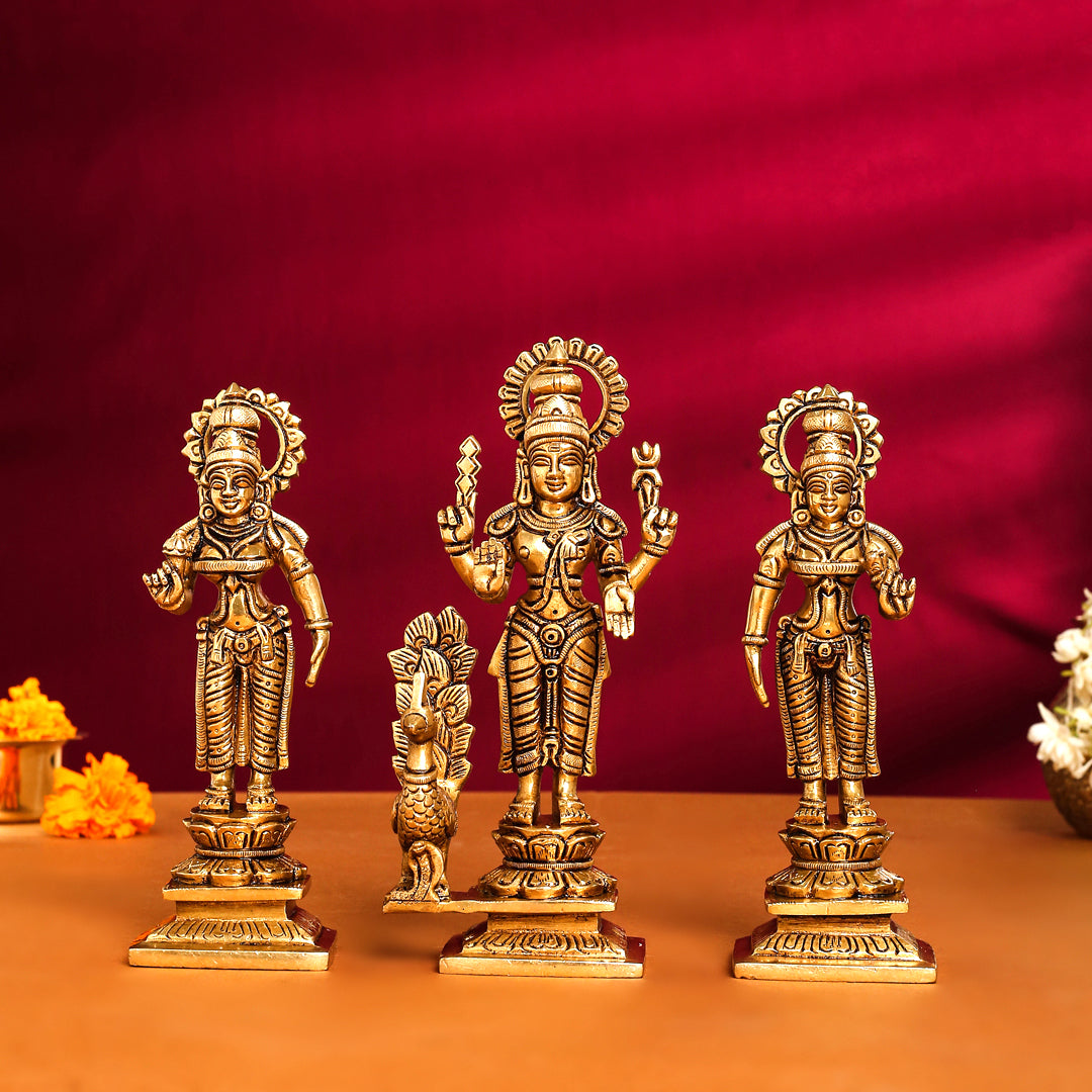 Brass Superfine Lord Murugan With Devasena And Valli Idols