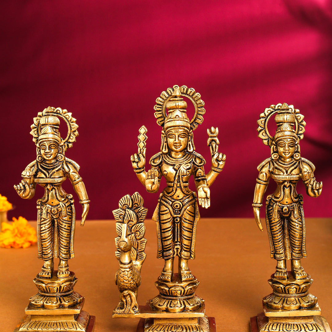 Brass Superfine Lord Murugan With Devasena And Valli Idols