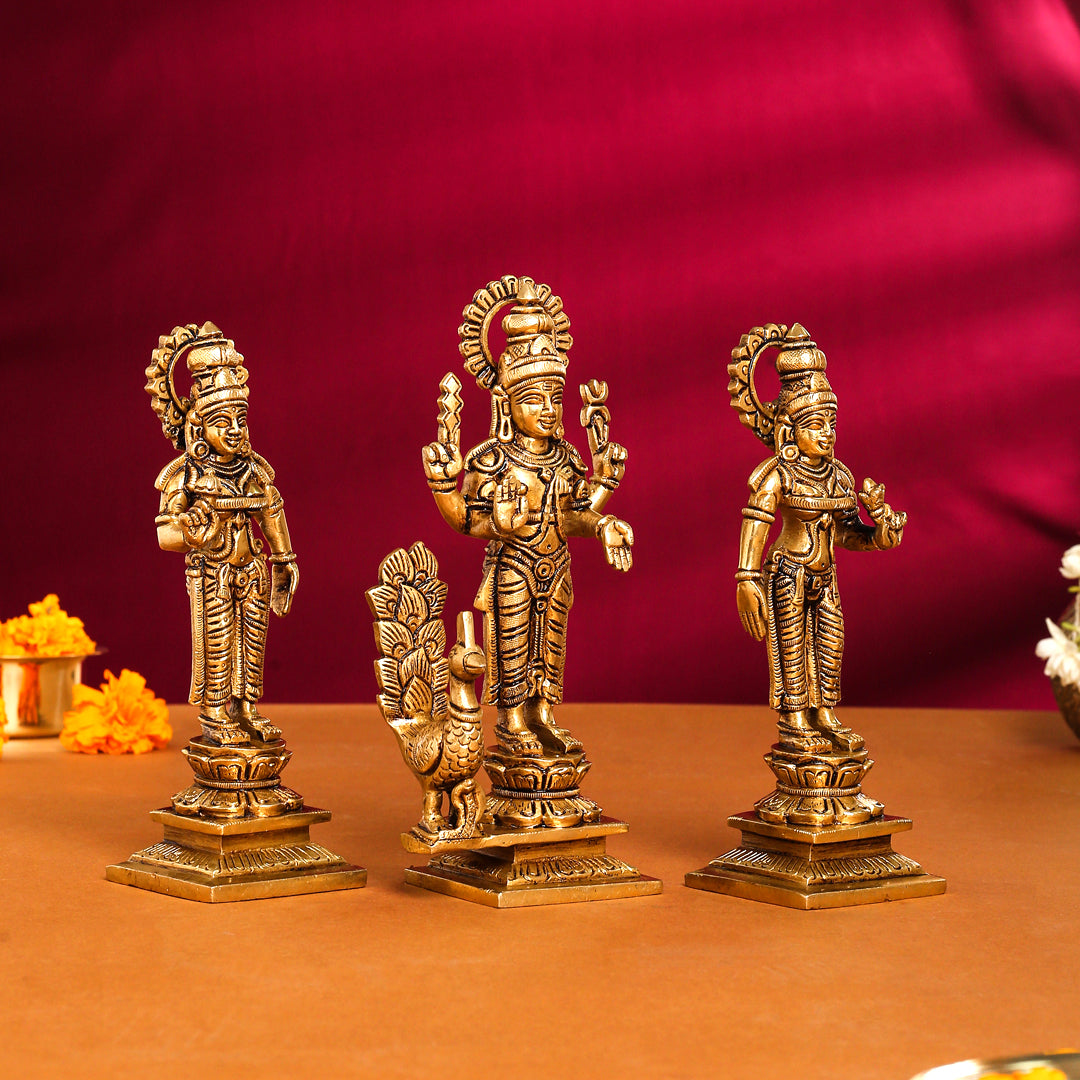 Brass Superfine Lord Murugan With Devasena And Valli Idols