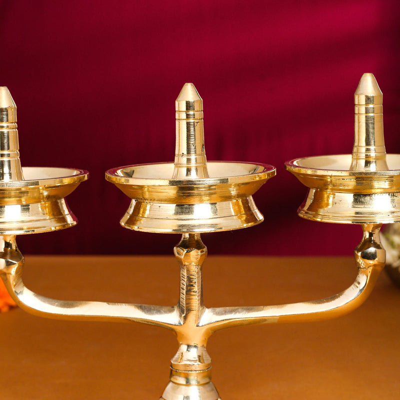 Brass Traditional Triple Diya/Lamp (8.5 Inch)