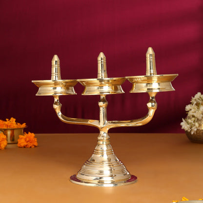 Brass Traditional Triple Diya/Lamp (8.5 Inch)