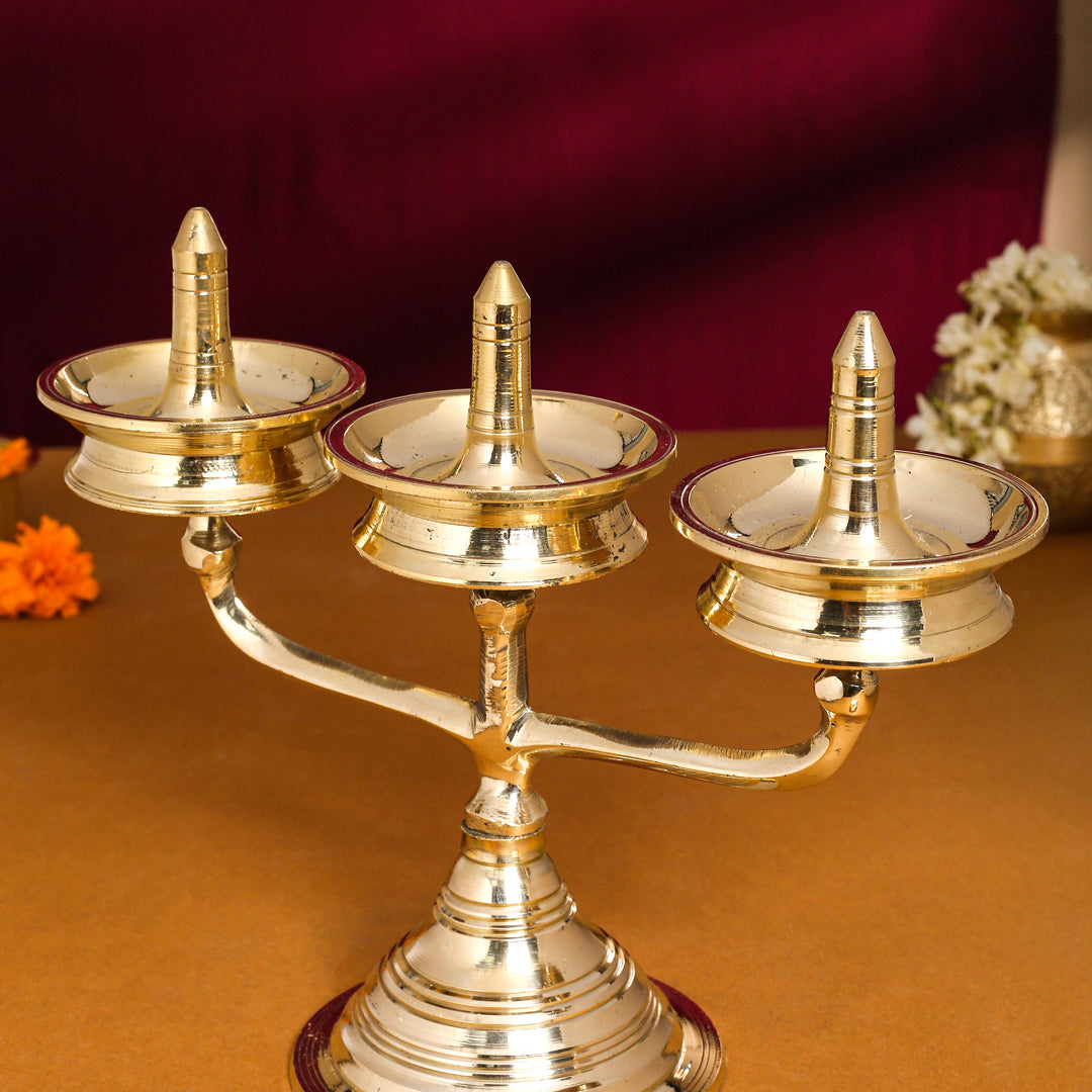Brass Traditional Triple Diya/Lamp (8.5 Inch)