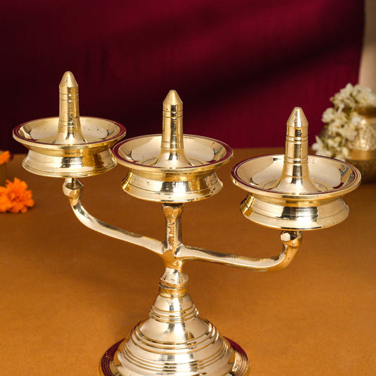 Brass Traditional Triple Diya/Lamp (8.5 Inch)