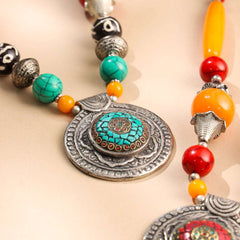 Resin Boho Orange Bead Necklaces with Tribal Silver Pendants