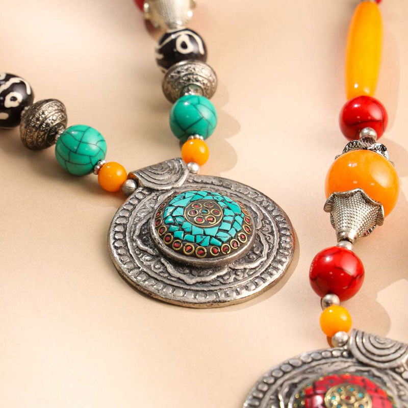 Resin Boho Orange Bead Necklaces with Tribal Silver Pendants