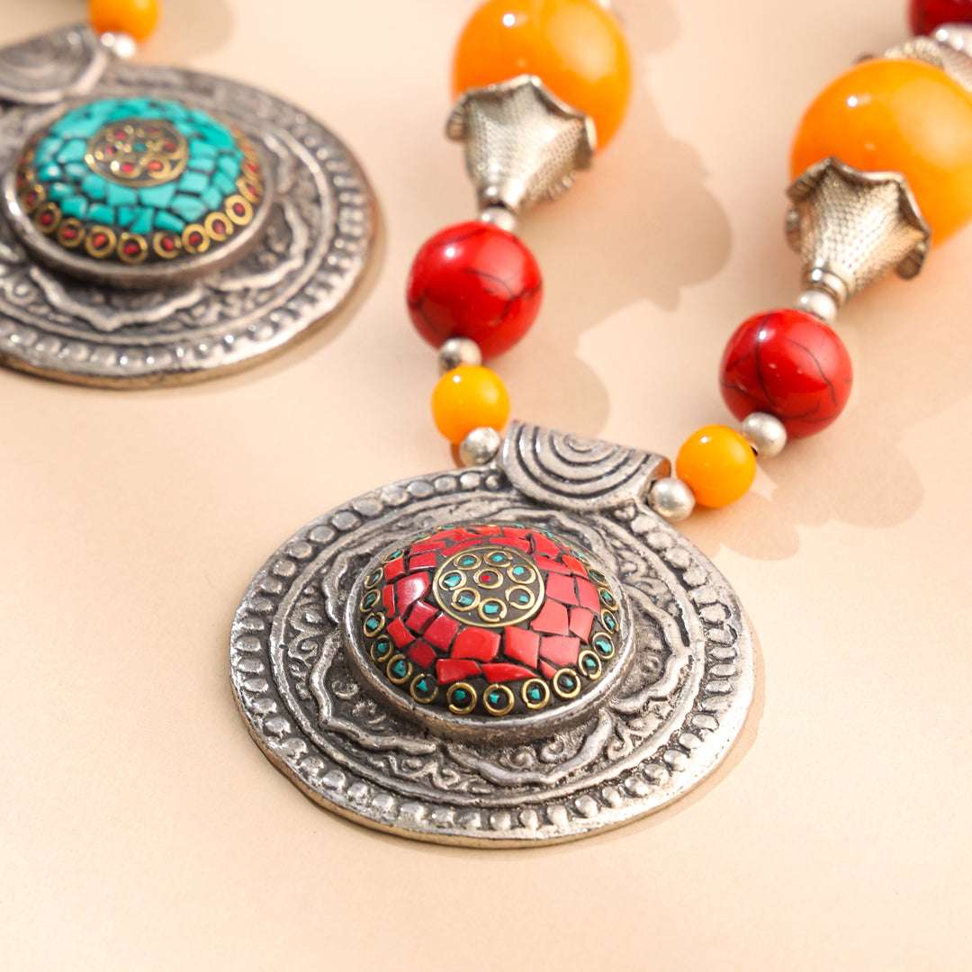 Resin Boho Orange Bead Necklaces with Tribal Silver Pendants