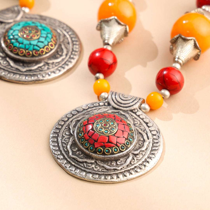 Resin Boho Orange Bead Necklaces with Tribal Silver Pendants