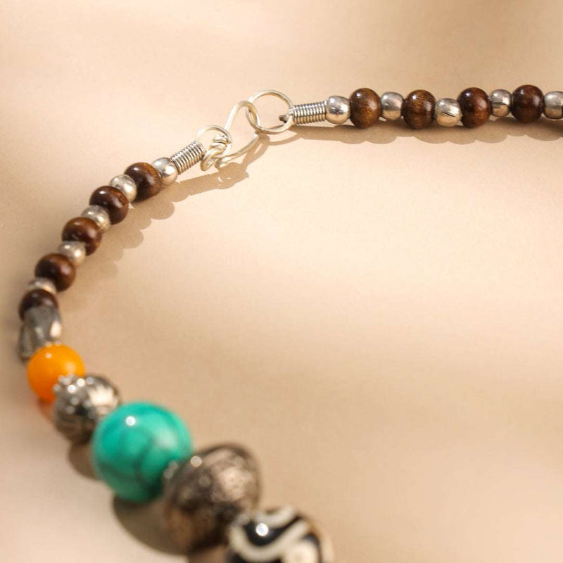 Resin Boho Orange Bead Necklaces with Tribal Silver Pendants