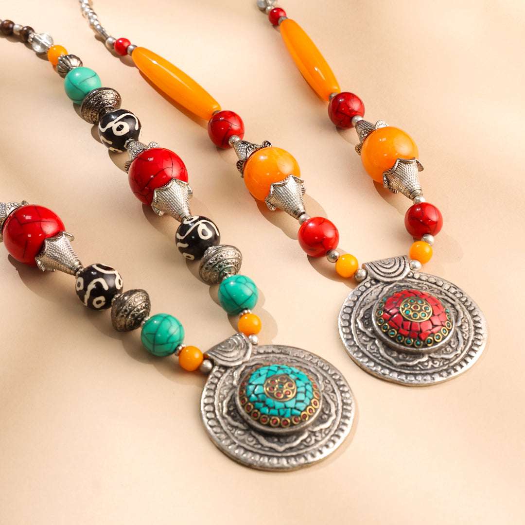 Resin Boho Orange Bead Necklaces with Tribal Silver Pendants