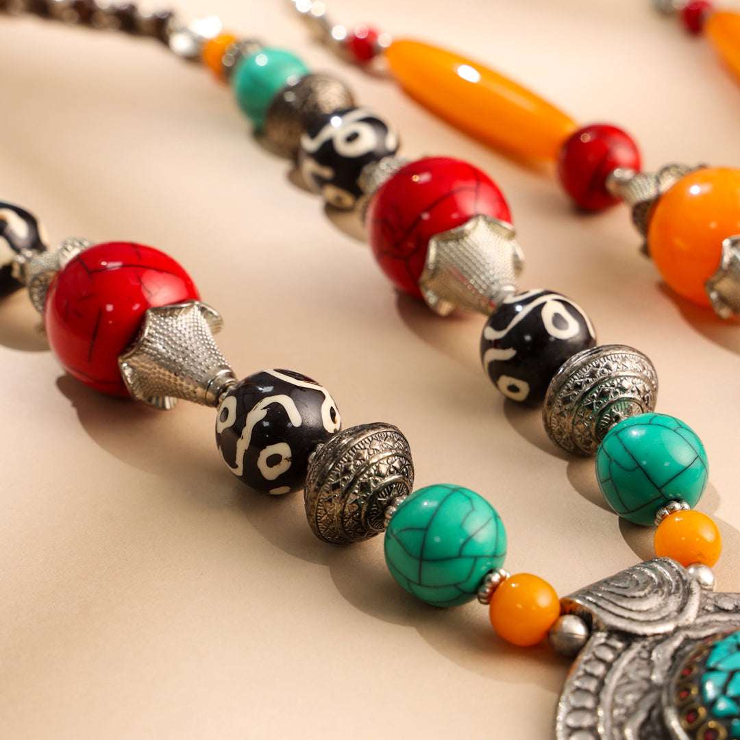 Resin Boho Orange Bead Necklaces with Tribal Silver Pendants