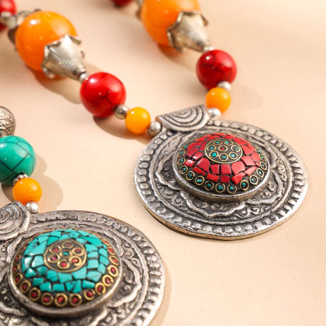 Resin Boho Orange Bead Necklaces with Tribal Silver Pendants