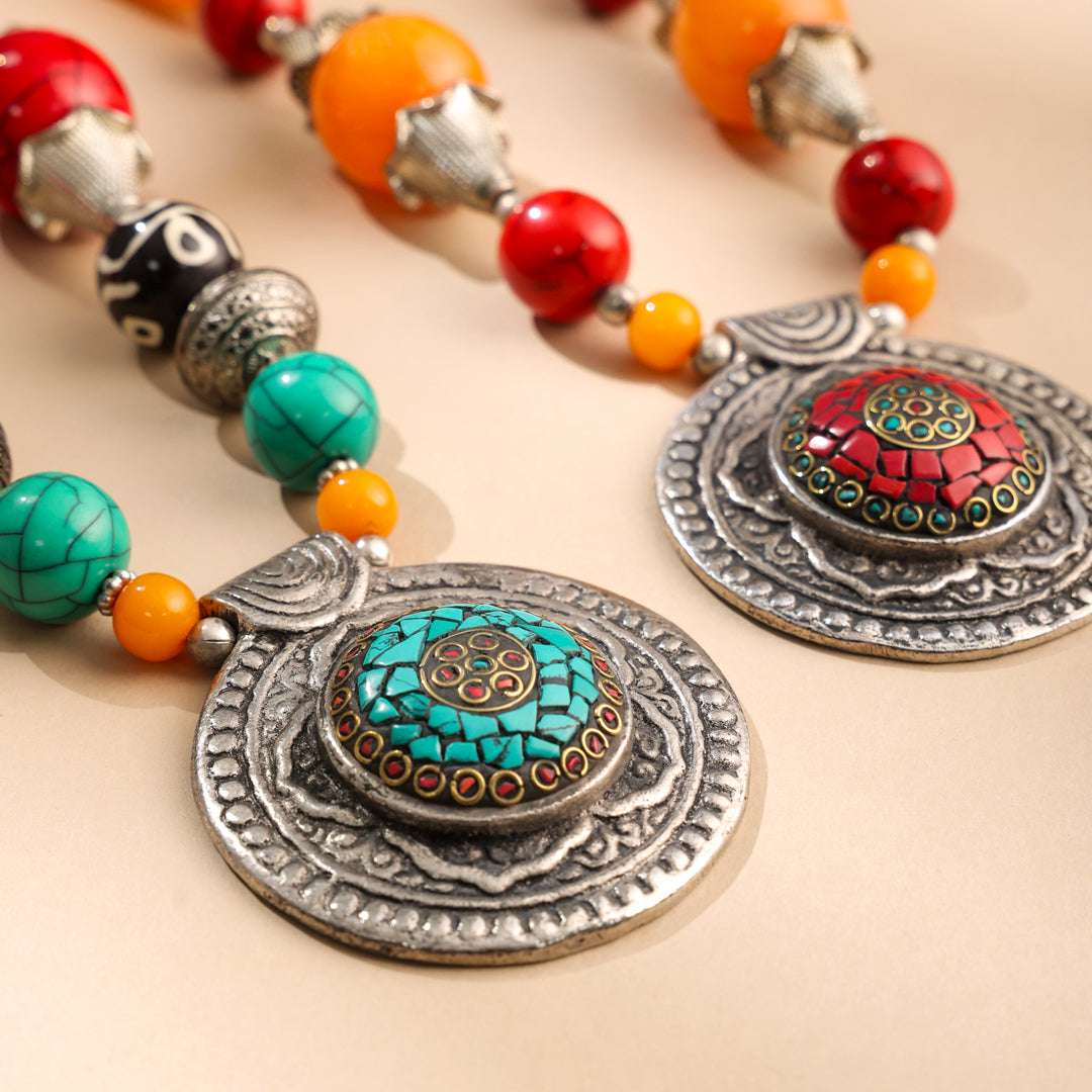 Resin Boho Orange Bead Necklaces with Tribal Silver Pendants