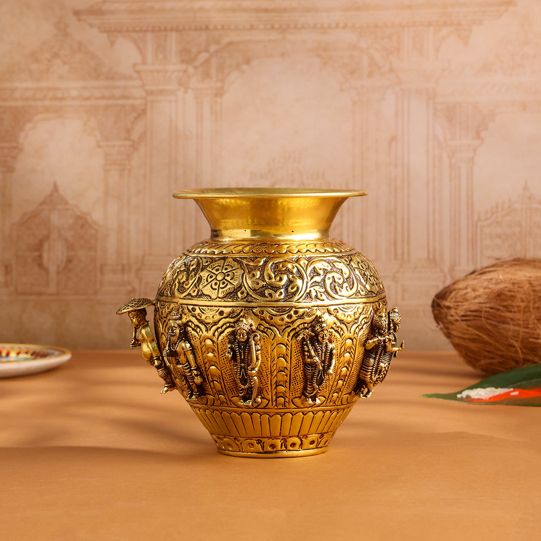 Brass Handcrafted Kalash with Velvet Box – Ashtalakshmi & Dashavatar