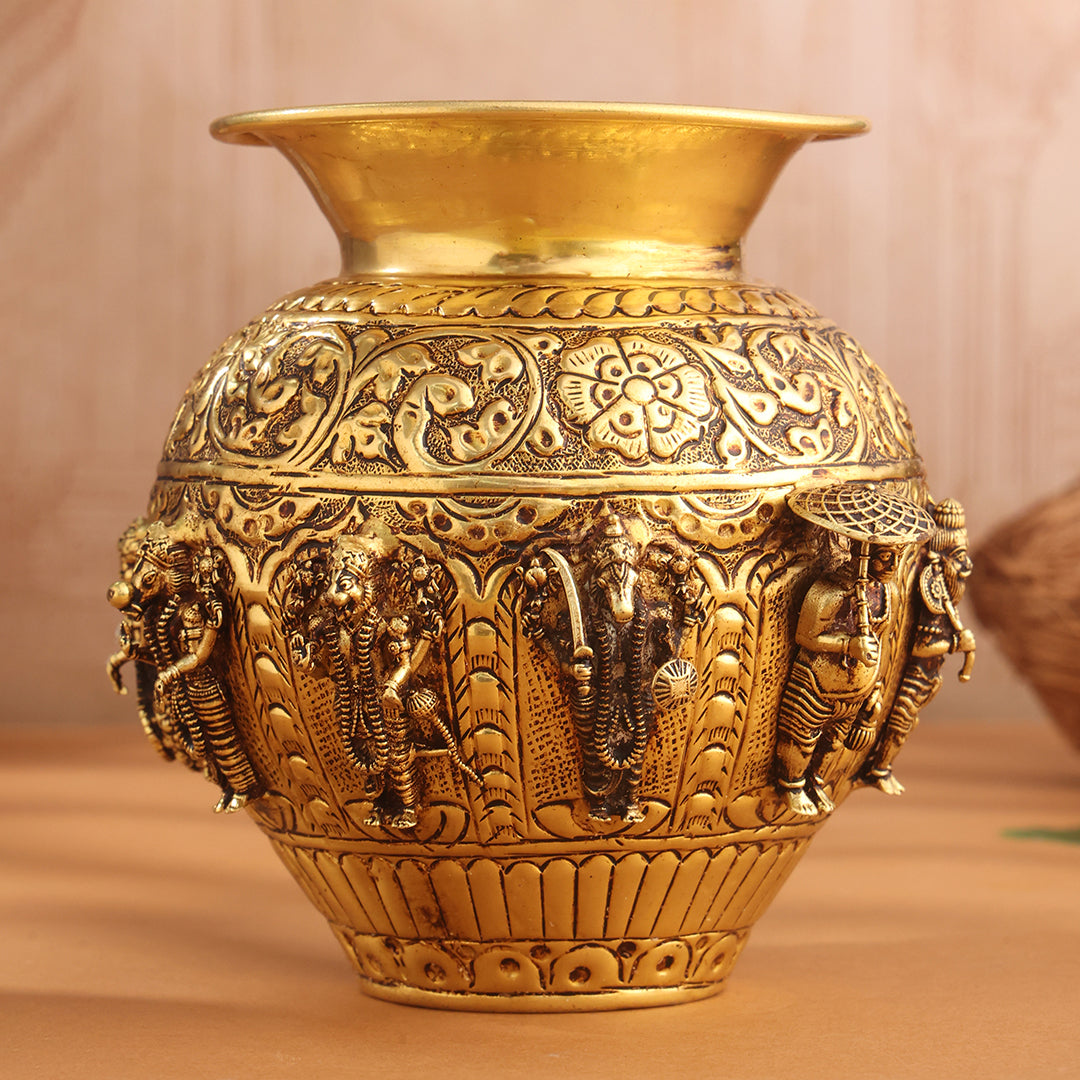 Brass Handcrafted Kalash with Velvet Box – Ashtalakshmi & Dashavatar