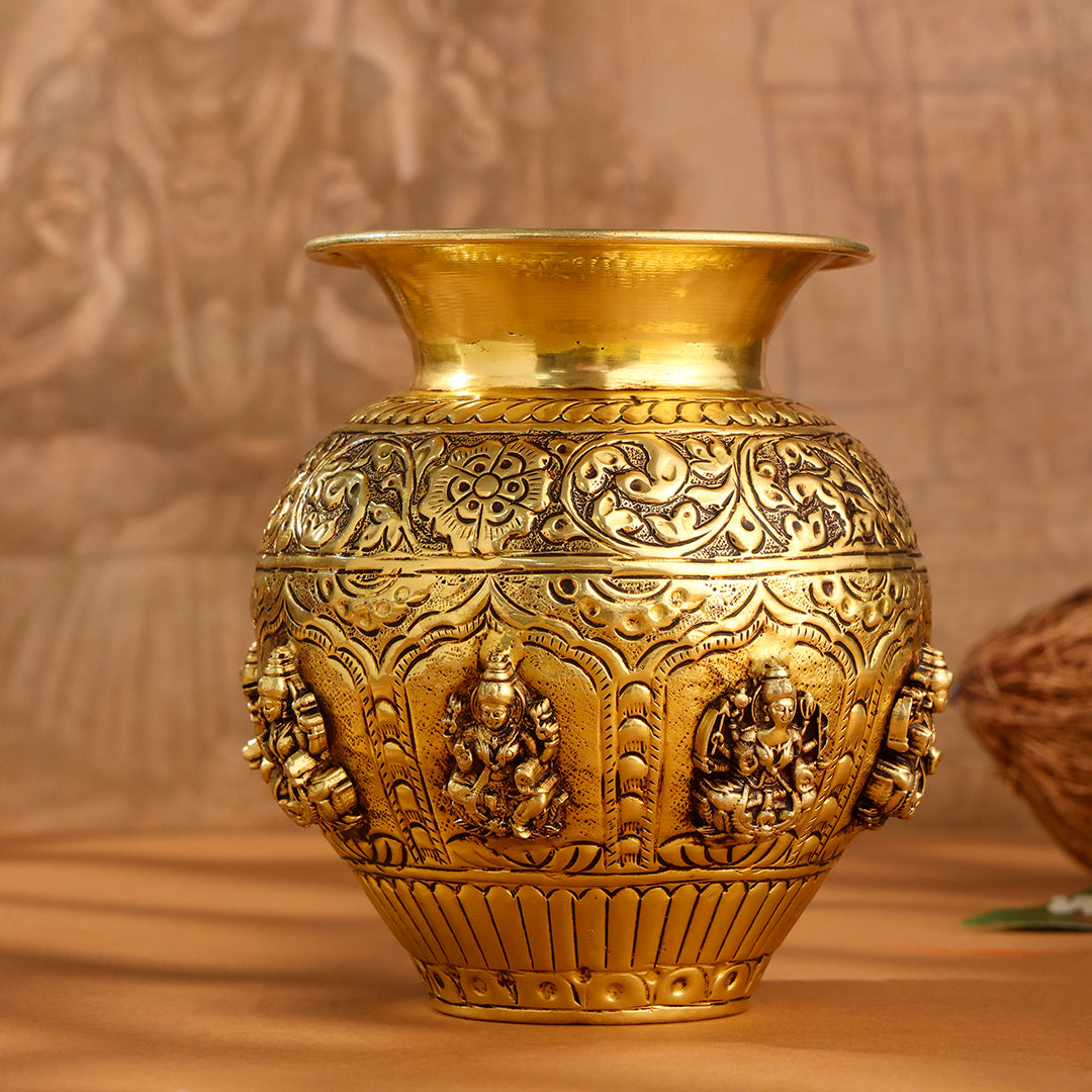 Brass Handcrafted Kalash with Velvet Box – Ashtalakshmi & Dashavatar