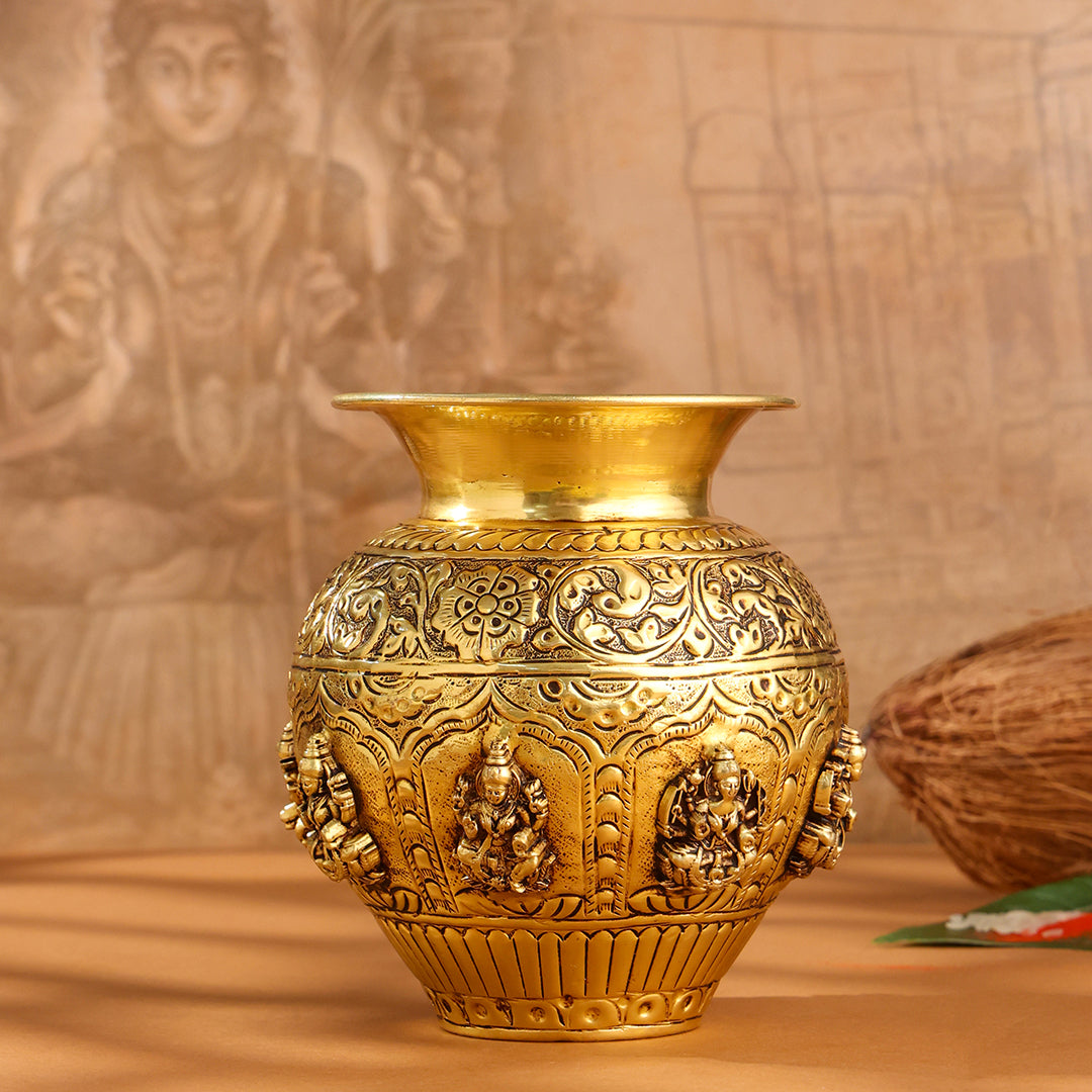 Brass Handcrafted Kalash with Velvet Box – Ashtalakshmi & Dashavatar