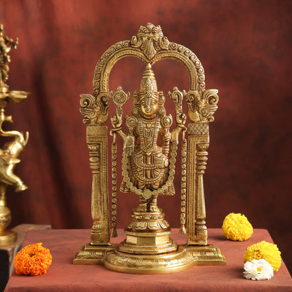 Brass Lord Venkateswara Idol with Arch | Traditional Tirupati Balaji Murti for Home Temple & Décor (13.2 Inch)