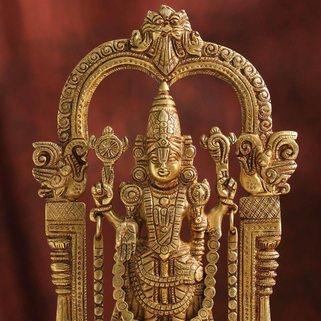 Brass Lord Venkateswara Idol with Arch | Traditional Tirupati Balaji Murti for Home Temple & Décor (13.2 Inch)
