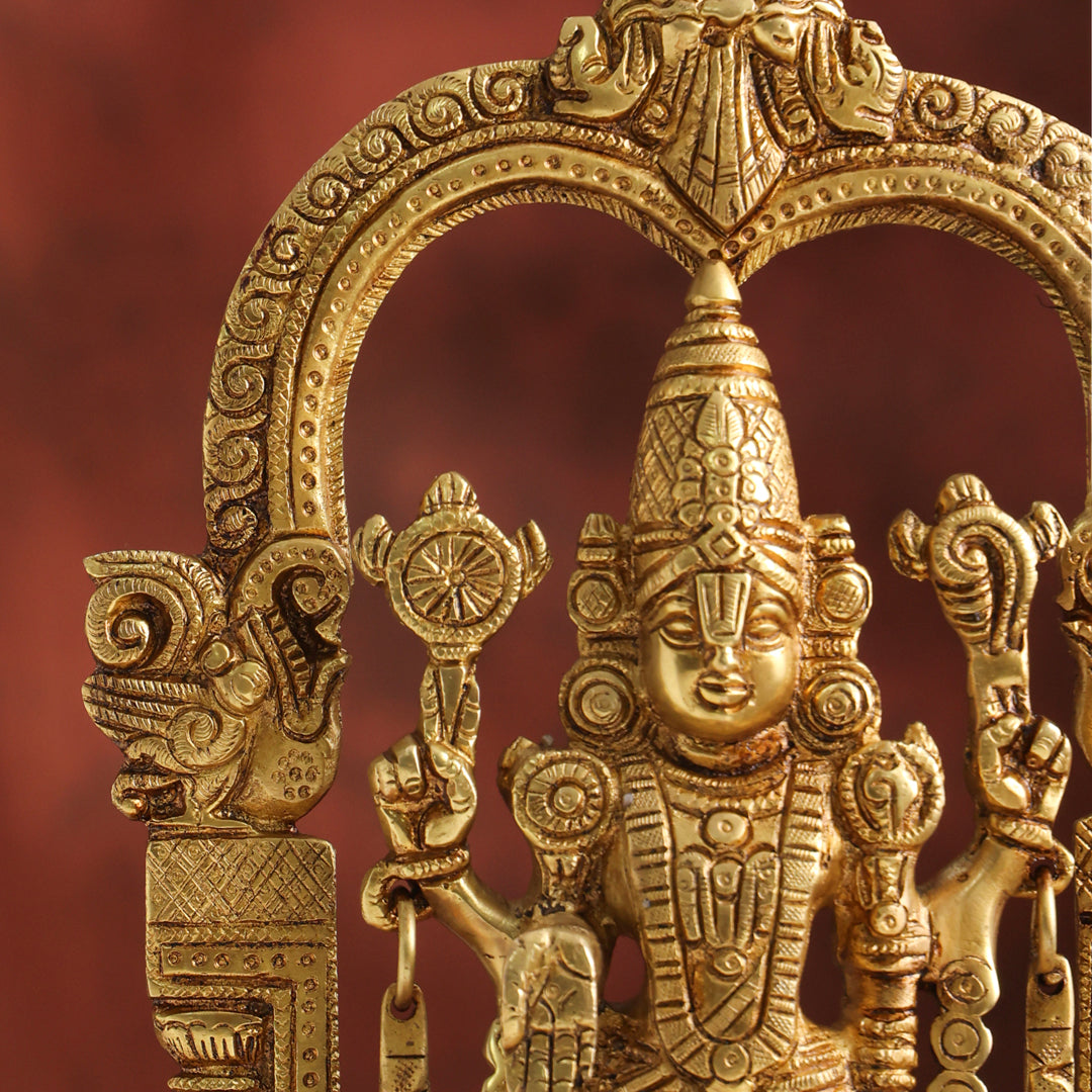 Brass Lord Venkateswara Idol with Arch | Traditional Tirupati Balaji Murti for Home Temple & Décor (13.2 Inch)