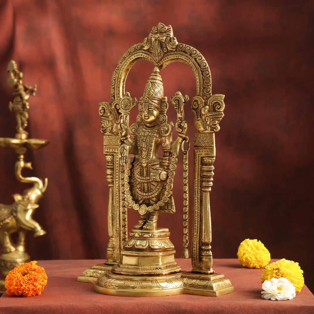 Brass Lord Venkateswara Idol with Arch | Traditional Tirupati Balaji Murti for Home Temple & Décor (13.2 Inch)