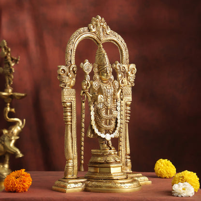 Brass Lord Venkateswara Idol with Arch | Traditional Tirupati Balaji Murti for Home Temple & Décor (13.2 Inch)