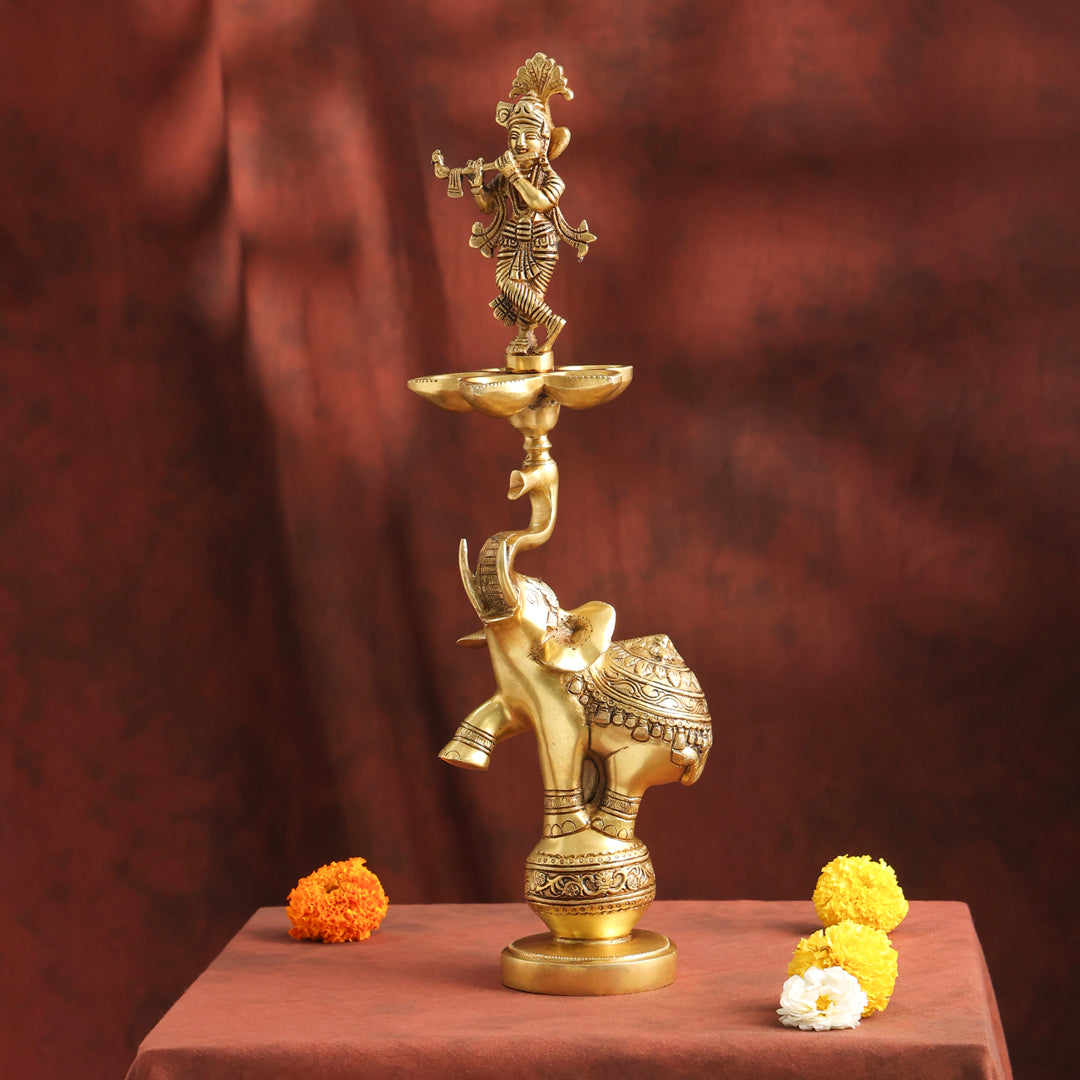 Brass Handcrafted Krishna Diya Lamp with Elephant Base (17.75 Inch)