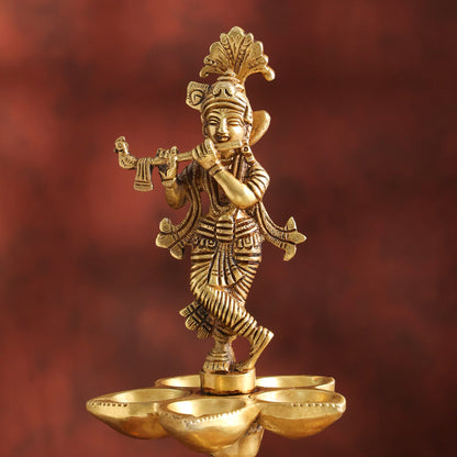 Brass Handcrafted Krishna Diya Lamp with Elephant Base (17.75 Inch)