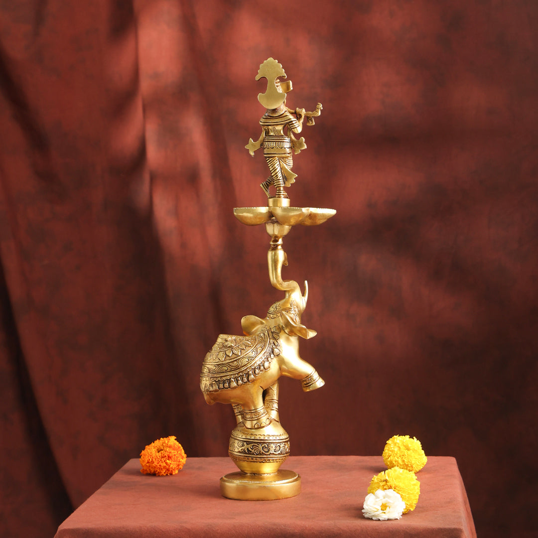 Brass Handcrafted Krishna Diya Lamp with Elephant Base (17.75 Inch)