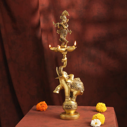 Brass Handcrafted Krishna Diya Lamp with Elephant Base (17.75 Inch)