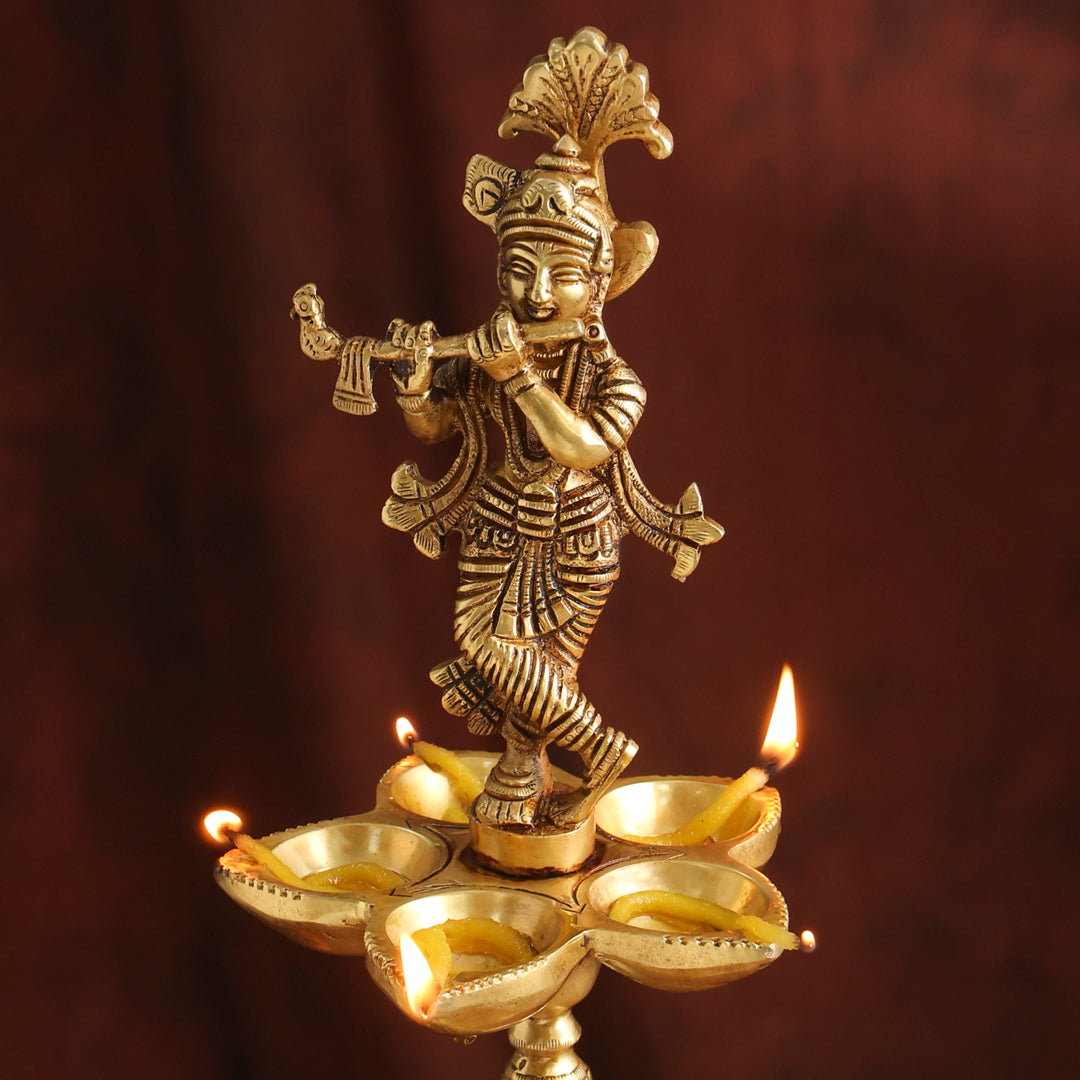 Brass Handcrafted Krishna Diya Lamp with Elephant Base (17.75 Inch)