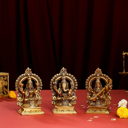 Brass Superfine Lakshmi, Ganesha, And Saraswati On Throne Set (5.8 Inch)