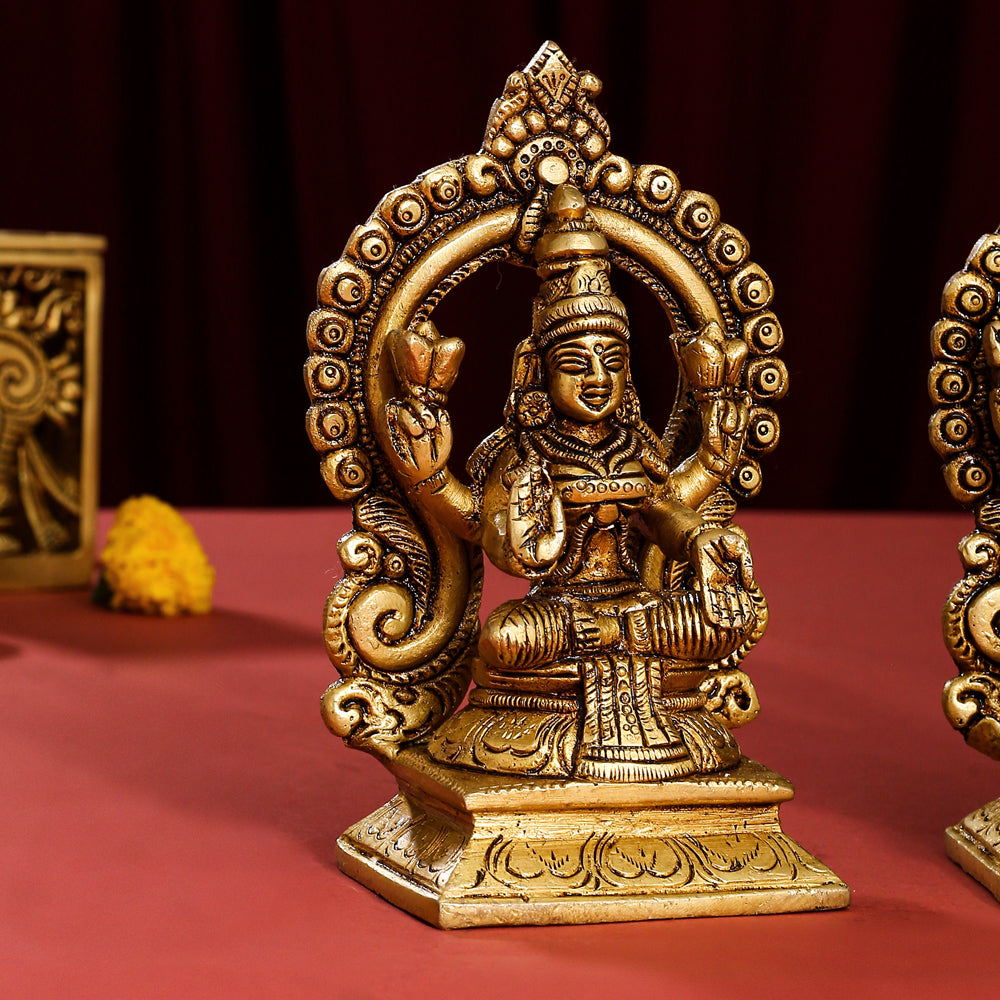 Brass Superfine Lakshmi, Ganesha, And Saraswati On Throne Set (5.8 Inch)
