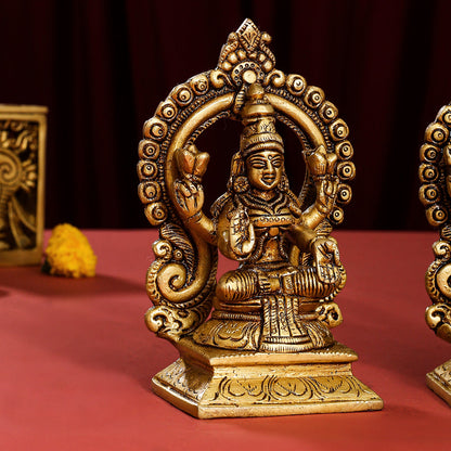 Brass Superfine Lakshmi, Ganesha, And Saraswati On Throne Set (5.8 Inch)