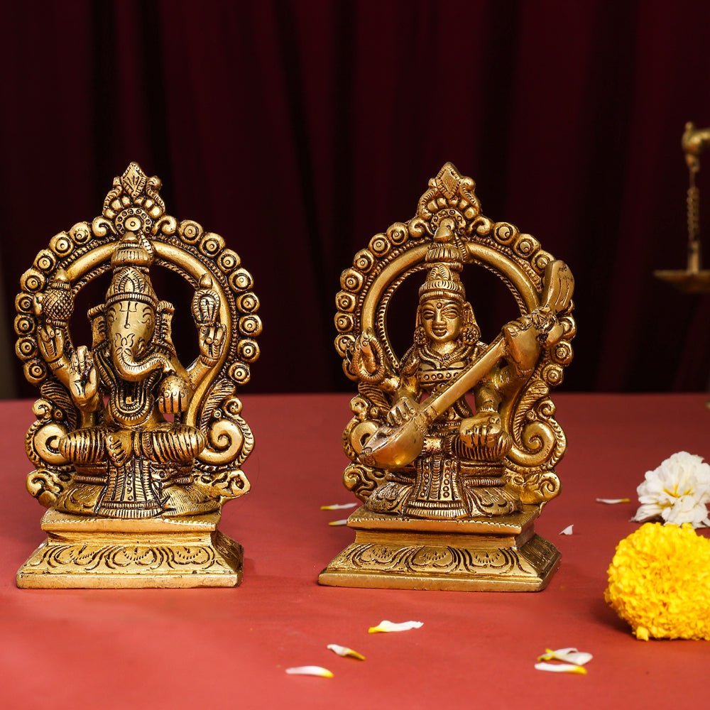 Brass Superfine Lakshmi, Ganesha, And Saraswati On Throne Set (5.8 Inch)