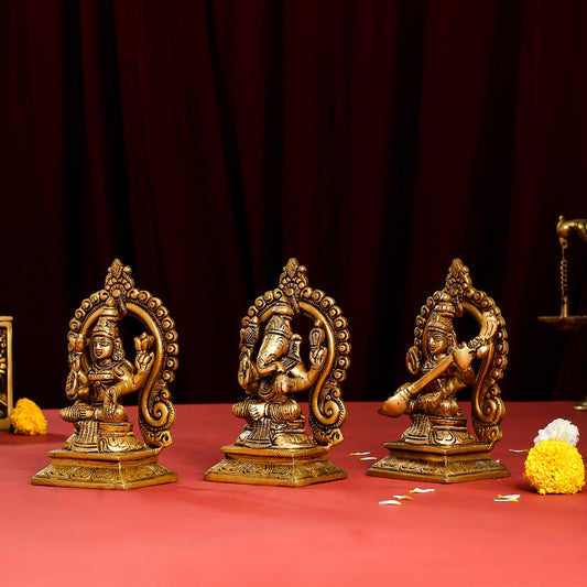Brass Superfine Lakshmi, Ganesha, And Saraswati On Throne Set (5.8 Inch)