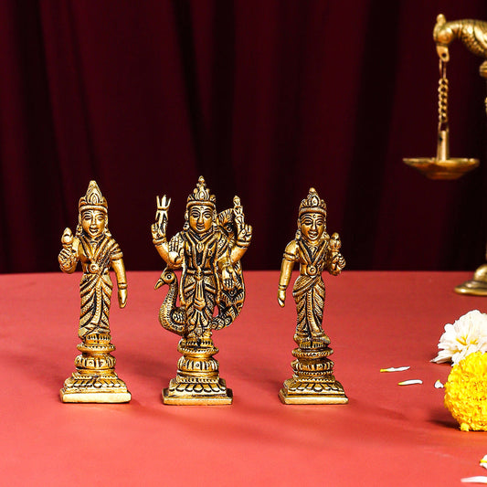 Brass Lord Murugan With Devasena And Valli Idols