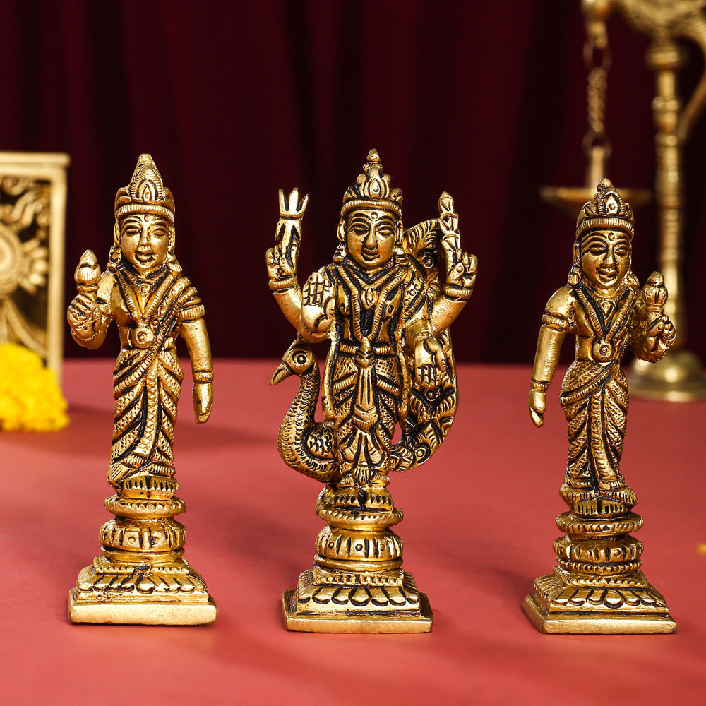 Brass Lord Murugan With Devasena And Valli Idols