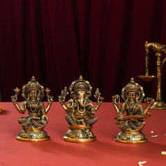 Brass Ganesha, Lakshmi And Saraswati Idol (4.5 Inch)
