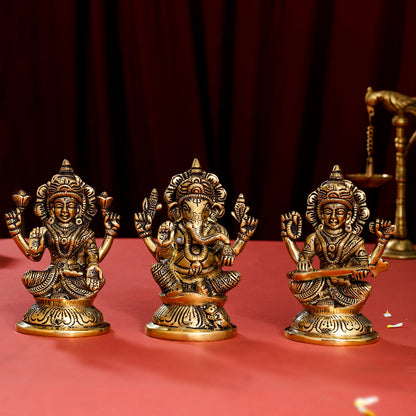 Brass Ganesha, Lakshmi And Saraswati Idol (4.5 Inch)