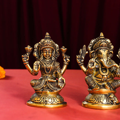 Brass Ganesha, Lakshmi And Saraswati Idol (4.5 Inch)