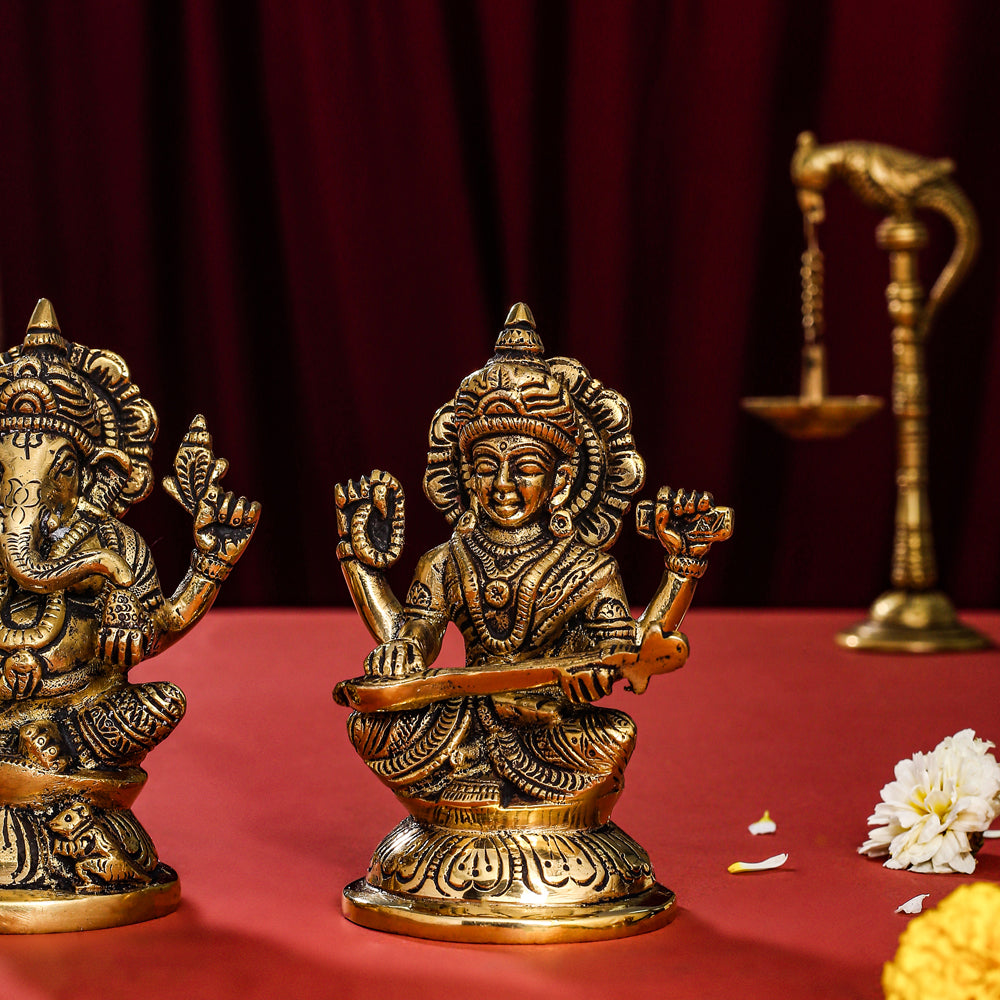 Brass Ganesha, Lakshmi And Saraswati Idol (4.5 Inch)