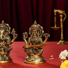 Brass Ganesha, Lakshmi And Saraswati Idol (4.5 Inch)