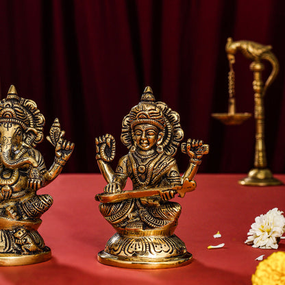 Brass Ganesha, Lakshmi And Saraswati Idol (4.5 Inch)