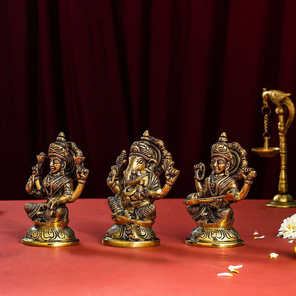 Brass Ganesha, Lakshmi And Saraswati Idol (4.5 Inch)