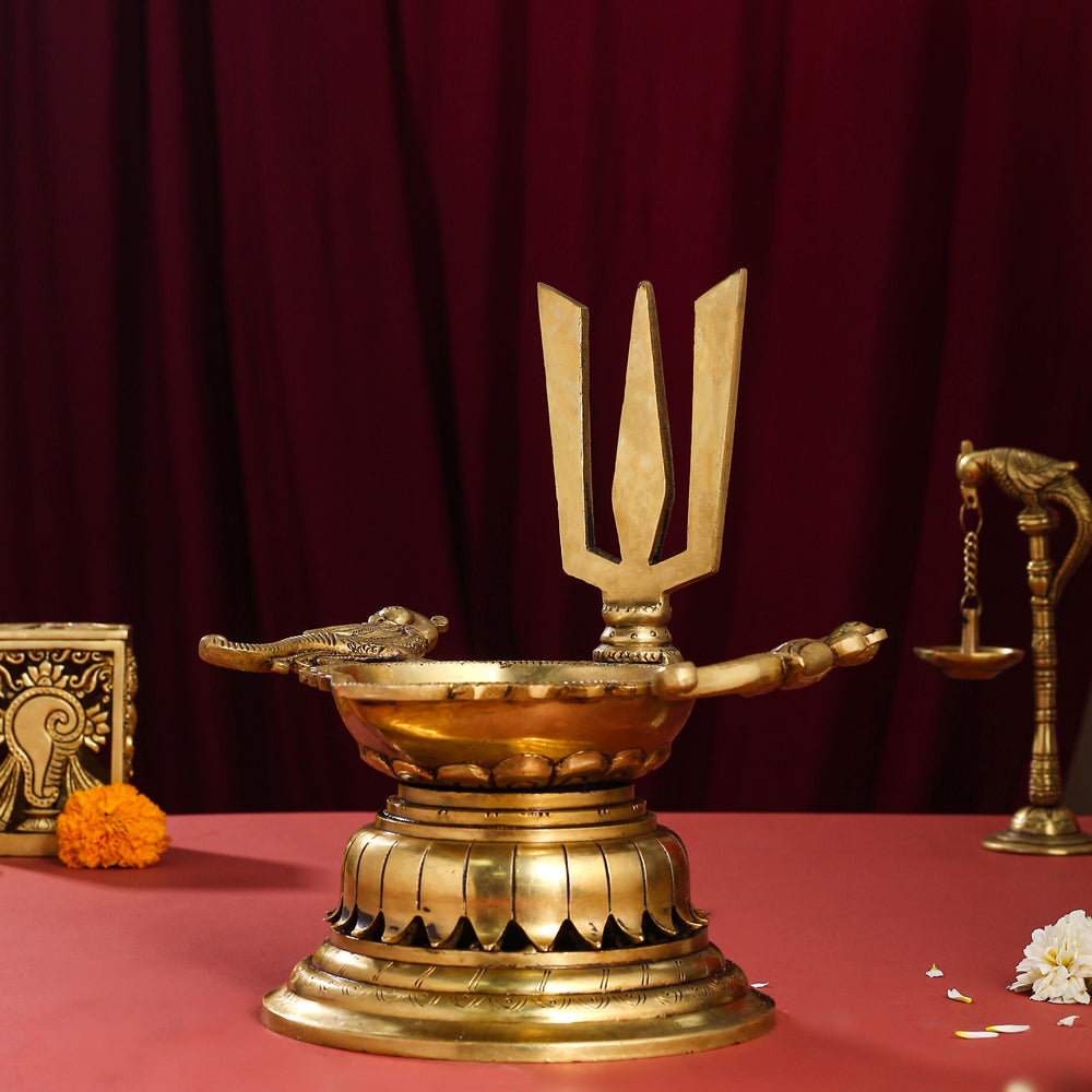 Brass Superfine Shankh Chakra And Namah Diya Set (9.5 Inch)