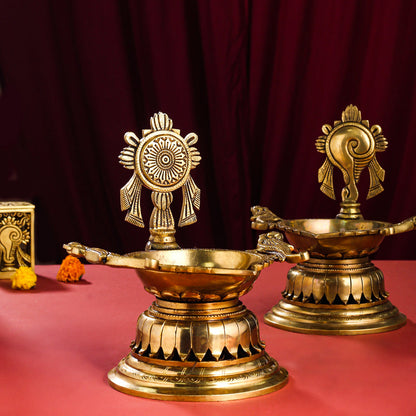 Brass Superfine Shankh Chakra And Namah Diya Set (9.5 Inch)