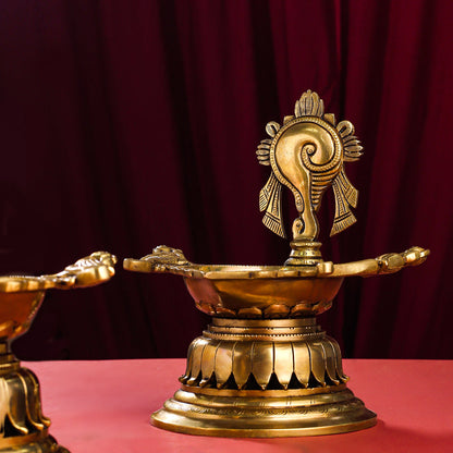 Brass Superfine Shankh Chakra And Namah Diya Set (9.5 Inch)