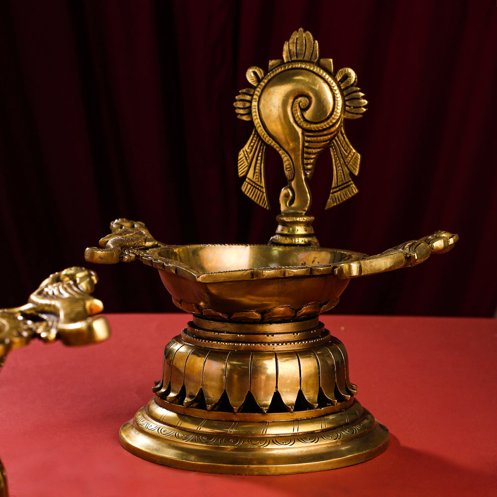 Brass Superfine Shankh Chakra And Namah Diya Set (9.5 Inch)